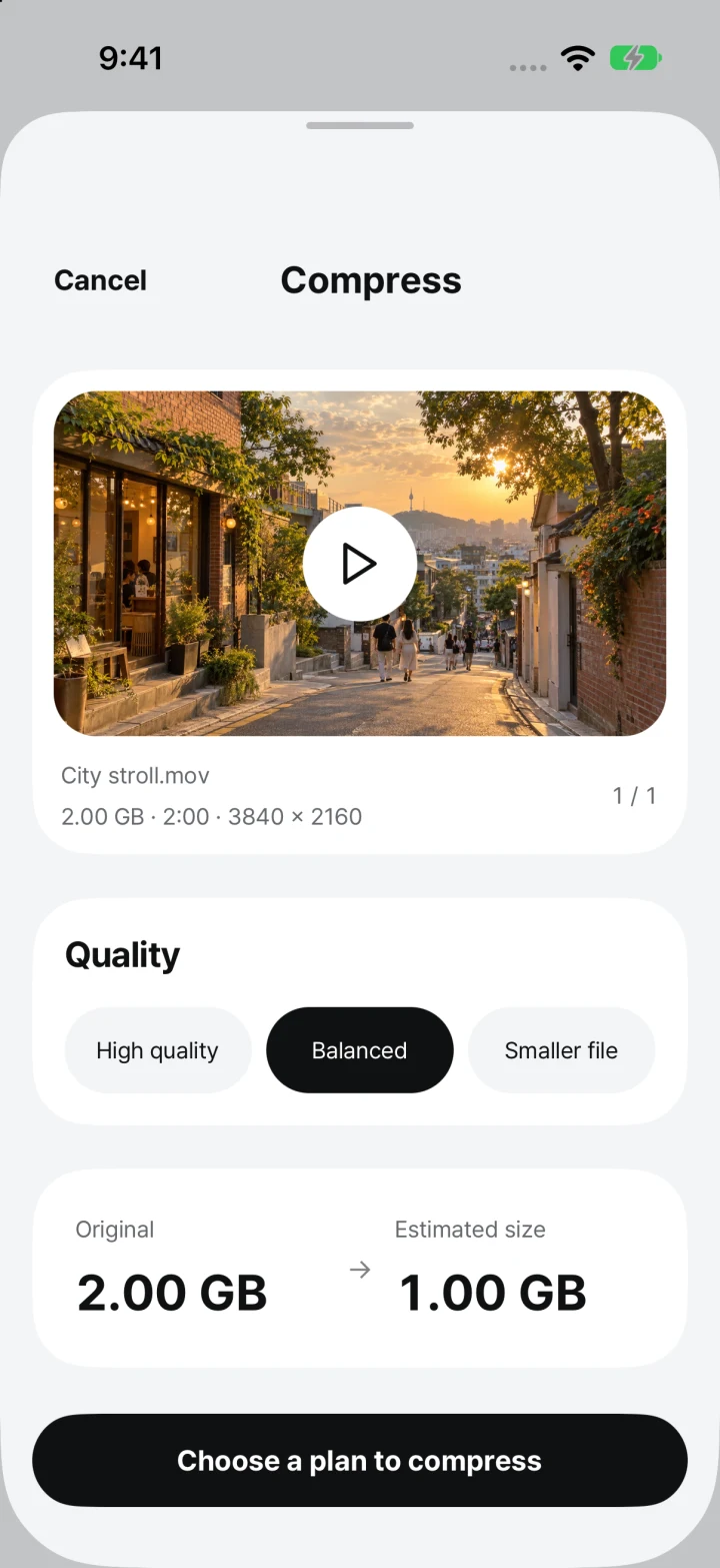 Compression settings with High quality, Balanced, and Smaller file options
